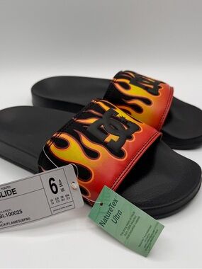 DC Youth Slide Sandals Flame Logo Black Red Yellow Size 6 NWT